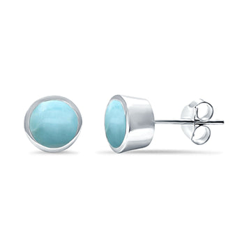 Bezel Stud Earring Round Natural Larimar 925 Sterling Silver (7mm)